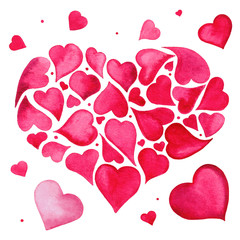 Set of isolated red hearts on white background. Watercolor Illustration