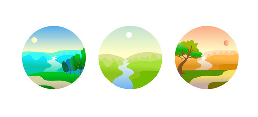 Eco style poster design. Summer landscape with forest and mountains in cartoon style.