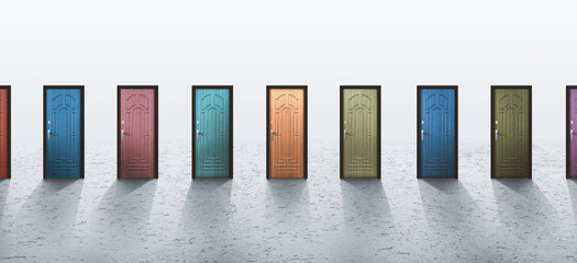 Variety of multicolor doors over grey background