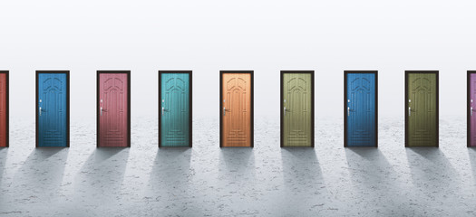 Variety of multicolor doors over grey background