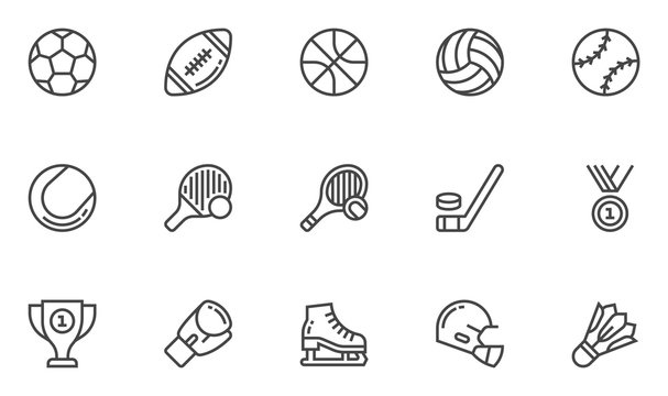 Sport Vector Line Icons Set. Sports equipment, various sports, balls, hockey. Editable Stroke. 48x48 Pixel Perfect.