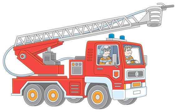 Fire-engine carrying firefighters and equipment for fighting large fires, vector cartoon illustration isolated on a white background