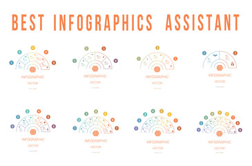 Infographic Templates Colourful Pie Chart Semicircles with text areas on 2,3,4,5,6,7,8,9,10 positions. White Background. Set of business icons. Business Strategy.