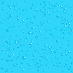 Universal texture of drops on cyan surface. Background with condensation of water on the wall. Rainy day view in blue tones