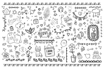 Coloring book and page Set of doodle on backgrounds. Valentine's Day Love and Hearts Doodles Design Elements. - Vector. Vector illustration