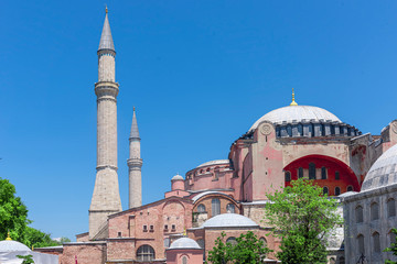 View of an old pink palace with two minarets in Istanbul Turkey.