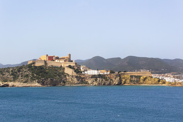 Fototapeta na wymiar water sea port view of old town dalt vila castle fortress eivissa ibiza island spain 