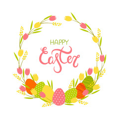 illustration of a wreath with easter eggs of green pink yellow orange and tulips on a white background. Happy Easter lettering. For cards, design, flyers. vector