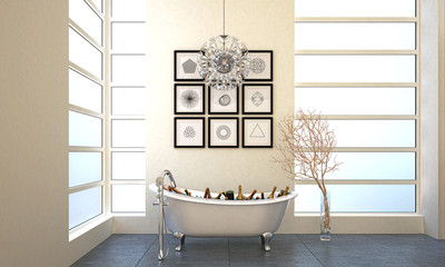 Bathtub filled with ice with sparkling wine bottles, champagne inside a bathroom with wooden floor, 3d rendering, 3d illustration