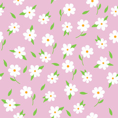 Vector graphics. Adorable, simple pattern with white flowers and leaves. Light floral background. 