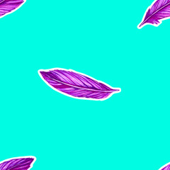 Pattern with purple feathers on a blue background. Feathers are drawn by hand with markers and liners.