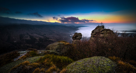 Sunset at Viewpoint on Palicnik Peak in Jizera Mountains, Hejnice, Czech Republic, inversion.