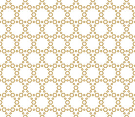 Abstract geometric seamless pattern. Golden grid texture, elegant hexagonal lattice, mesh, weave. Oriental traditional luxury background. Subtle gold and white ornament, repeat tiles, modern design