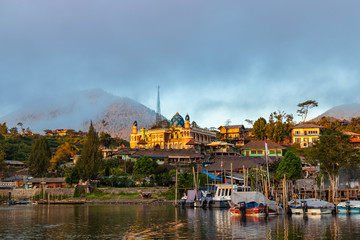 Bedugul mosque. View from lake Bratan to small village on the north ofBali island. Indonesia