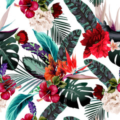 Seamless floral pattern with tropical flowers on light background. Template design for textiles, interior, clothes, wallpaper. Vector illustration.  Botanical art.