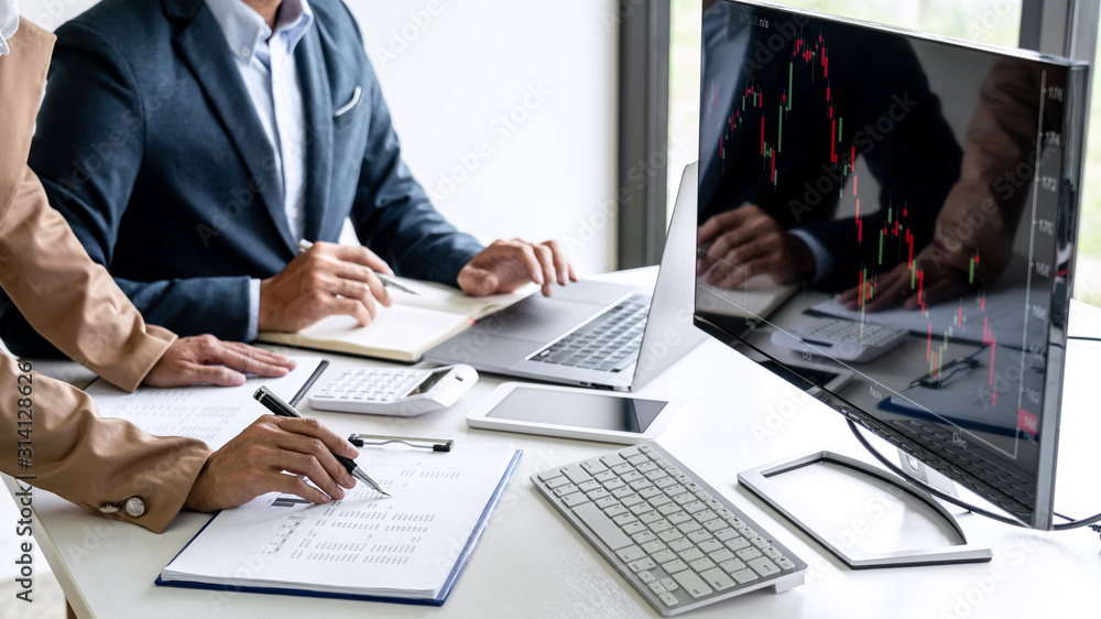 Poster business team investment working with computer, planning and analyzing graph stock market trading wi