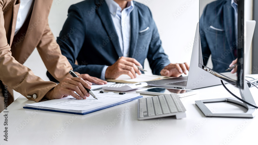 Poster business team partner working with computer, laptop, discussion and analyzing graph stock market tra