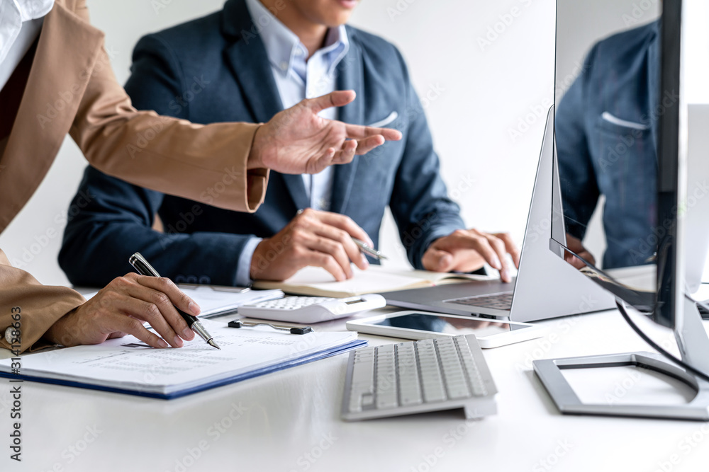 Poster business team investment working with computer, planning and analyzing graph stock market trading wi