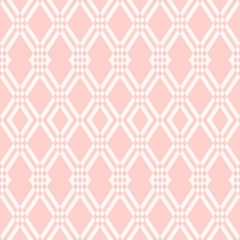 Abstract geometric seamless pattern. Subtle white and pink vector background. Simple ornament with diamond grid, rhombuses, lines, mesh, lattice. Elegant texture. Delicate repeated decorative design