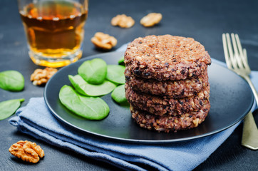 black beans brown rice walnut oat burgers with spinach