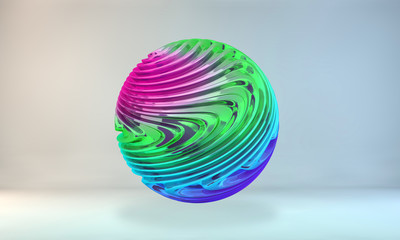 3d abstract glass ball with gradient curves flying on smooth studio background