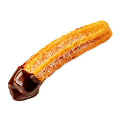 Churro  isolated. Fried dough pastry with sugar and chocolate sauce dip  on a white background. Top view