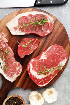 Variety Steak raw. Barbecue Rib Eye Steak, dry Aged Wagyu Entrecote Steak.