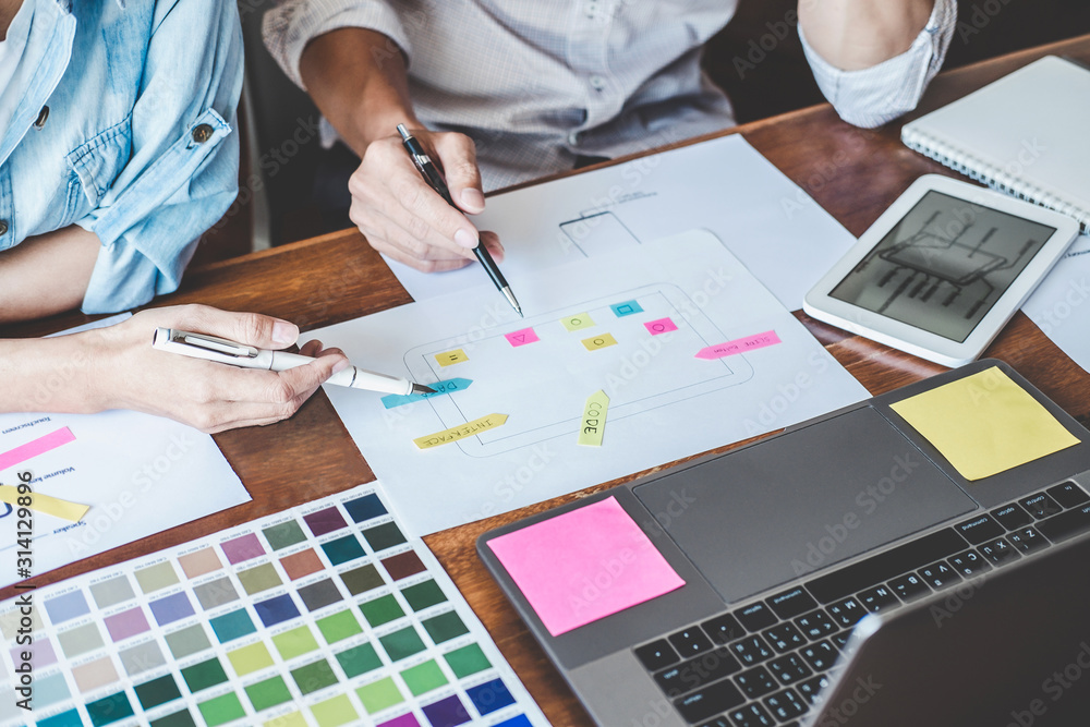 Sticker team of creative web/graphic designer planning, drawing website ux app for mobile phone application 