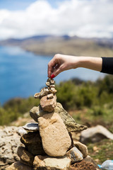 Stone stacking at Isla del Sol on Titicaca lake