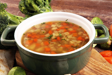 Soup, Vegetable Soup, Bowl. Traditional hot veggie soup