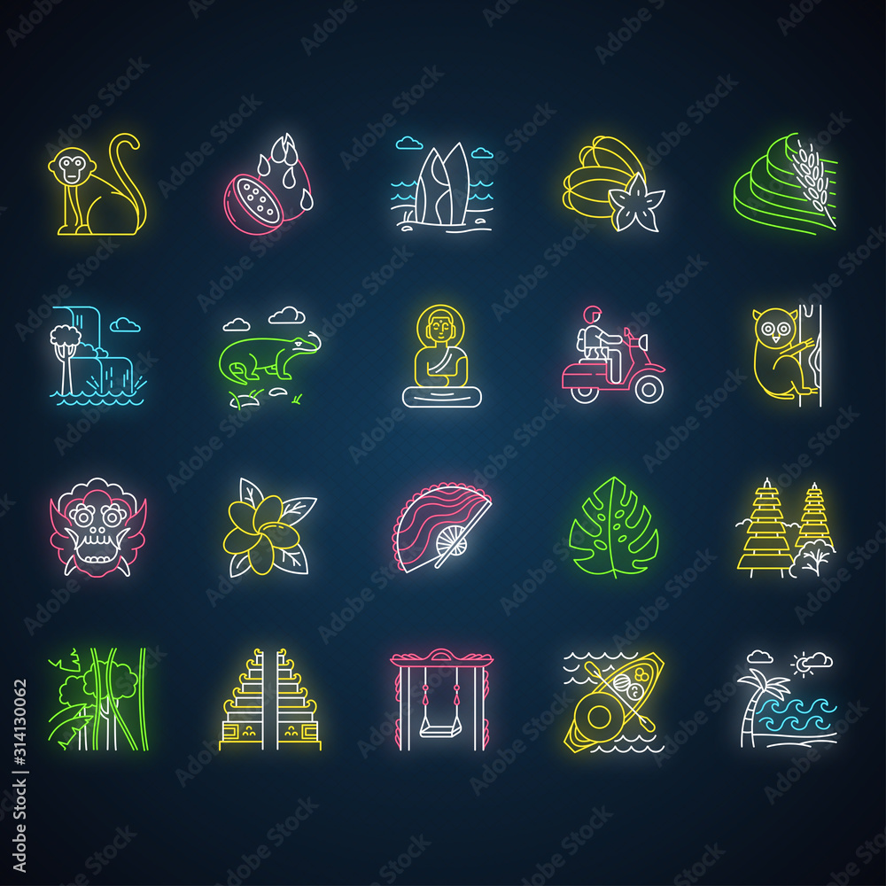 Canvas Prints Indonesia neon light icons set. Tropical country animals. Trip to Indonesian islands. Exploring exotic culture. Unique plants. Architecture landmarks. Glowing signs. Vector isolated illustrations