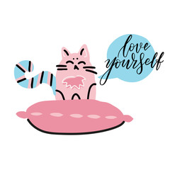cats and love yourself handwritten calligraphy lettering quote to valentines day design greeting card, poster, banner, printable wall art, t-shirt and other, vector illustration