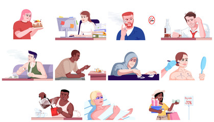 Addiction flat vector illustrations set. Gluttony, workaholism, alcoholism, narcomania, plastic surgery and tanning addiction, shopaholism. Addicted people isolated cartoon characters