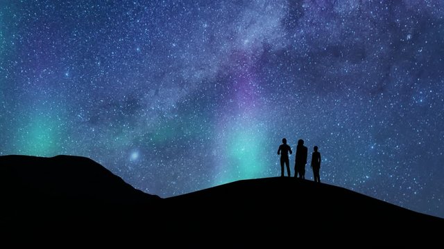 People silhouettes background starry in flat style on black background. Cosmos background. Mountain tourism. Universe space. Night landscape. Blue night starry sky. Silhouette design. 4k