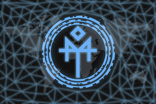 Slavic sign Dazhdbog. Abstract illustration. With a dark background and a world map shrouded in a net. Graphic concept for your design.