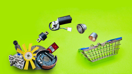 Basket from a shop full of auto parts. Many car parts in shop basket.