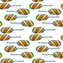 seamless pattern food illustration of candy. seamless watercolor background colorful candy. striped colored watercolor lollipop stick seamless