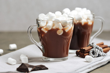 Hot chocolate with marshmallows. Two cups. Cinnamon sticks and pieces of dark chocolate complete the composition. Close-up. Gray background.