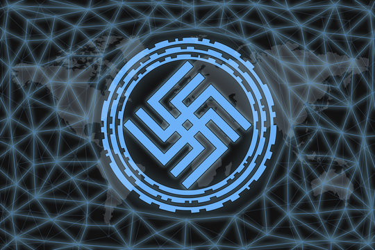 Slavic sign duniya. Abstract illustration. With a dark background and a world map shrouded in a net. Graphic concept for your design.