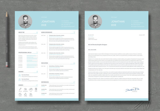 Resume and Cover Letter Layout with Light Blue Elements