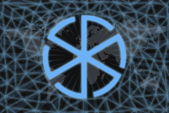 Slavic sign gromovik. Abstract illustration. With a dark background and a world map shrouded in a net. Graphic concept for your design.