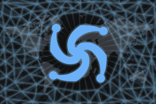 Slavic sign Rod. Abstract illustration. With a dark background and a world map shrouded in a net. Graphic concept for your design.