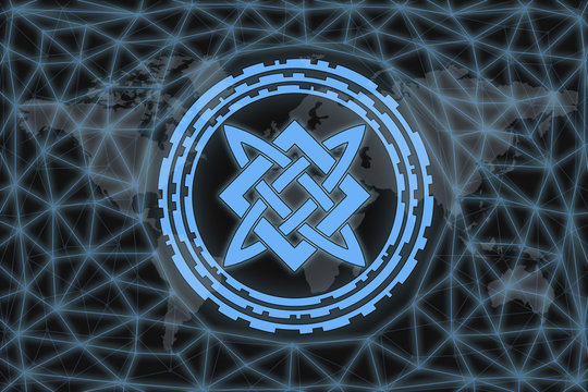 Slavic sign. Abstract illustration. With a dark background and a world map shrouded in a net. Graphic concept for your design.