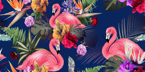 Seamless floral pattern with tropical flowers on dark background. Template design for textiles, interior, clothes, wallpaper. Vector illustration.  Botanical art.