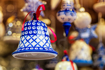 Christmas decorations balls and other miscellaneous toys sold on the Christmas market in Vienna,...