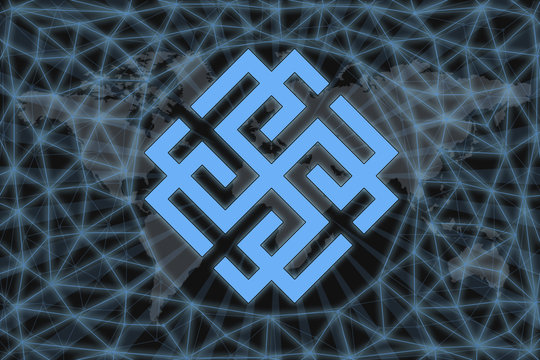 Slavic sign Svarozhich. Abstract illustration. With a dark background and a world map shrouded in a net. Graphic concept for your design.