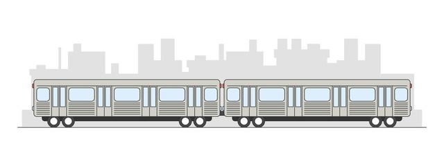 Flat style subway train with city landscape behind isolated on white background. Side view cartoon vector illustartion.