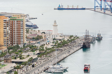 Pier one in the port of Malaga, Spain where is the lighthouse known as 