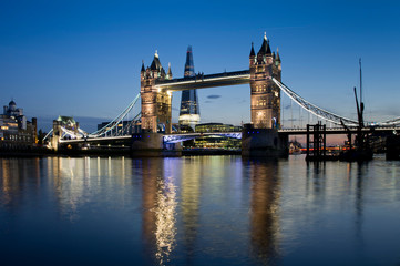 UK, England, London, Shard with Tower Bridge dusk
