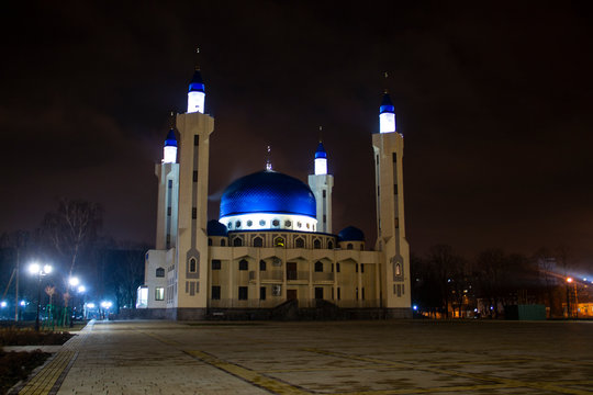 Maykop Muslim Mosque in Russia. Architecture of night photography.